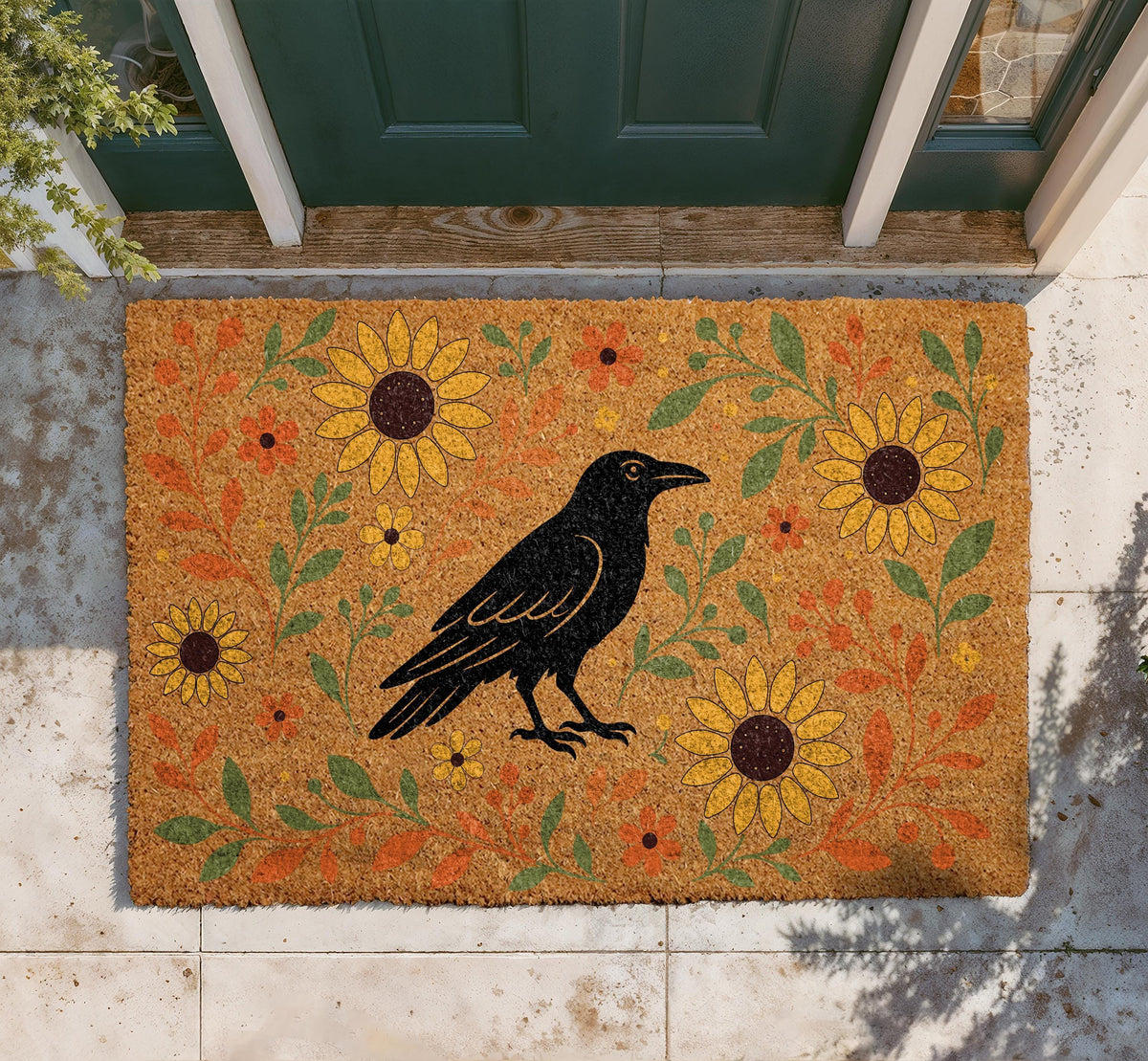 Sunflowers Raven Doormat, Boho Fall Gothic Entryway Decoration, Rustic Farmhouse Welcome Mat