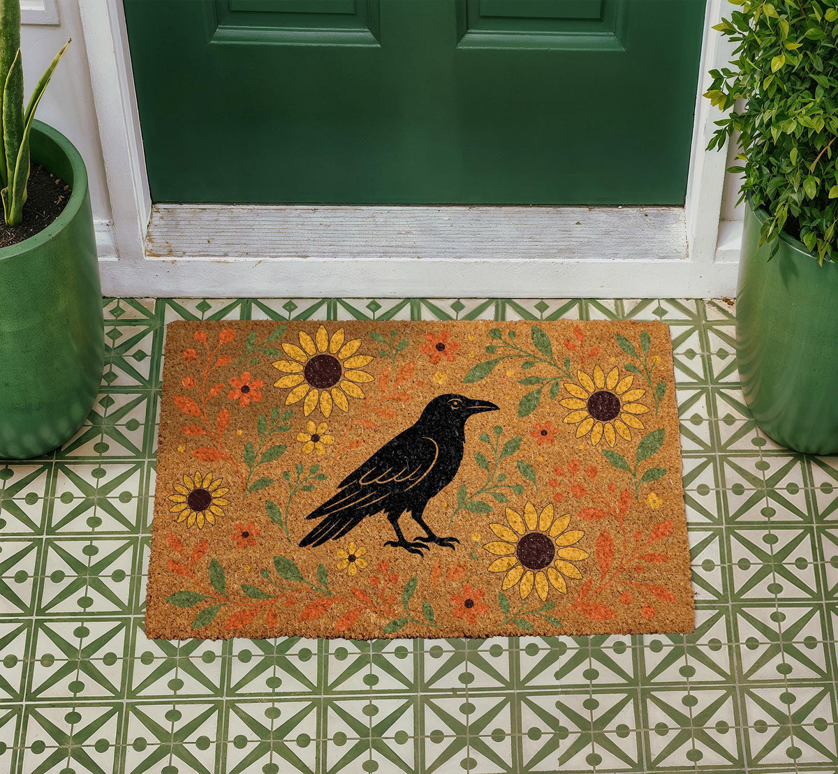 Sunflowers Raven Doormat, Boho Fall Gothic Entryway Decoration, Rustic Farmhouse Welcome Mat
