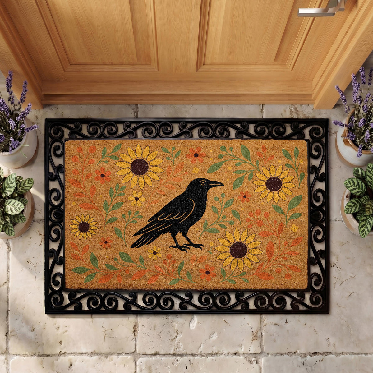 Sunflowers Raven Doormat, Boho Fall Gothic Entryway Decoration, Rustic Farmhouse Welcome Mat