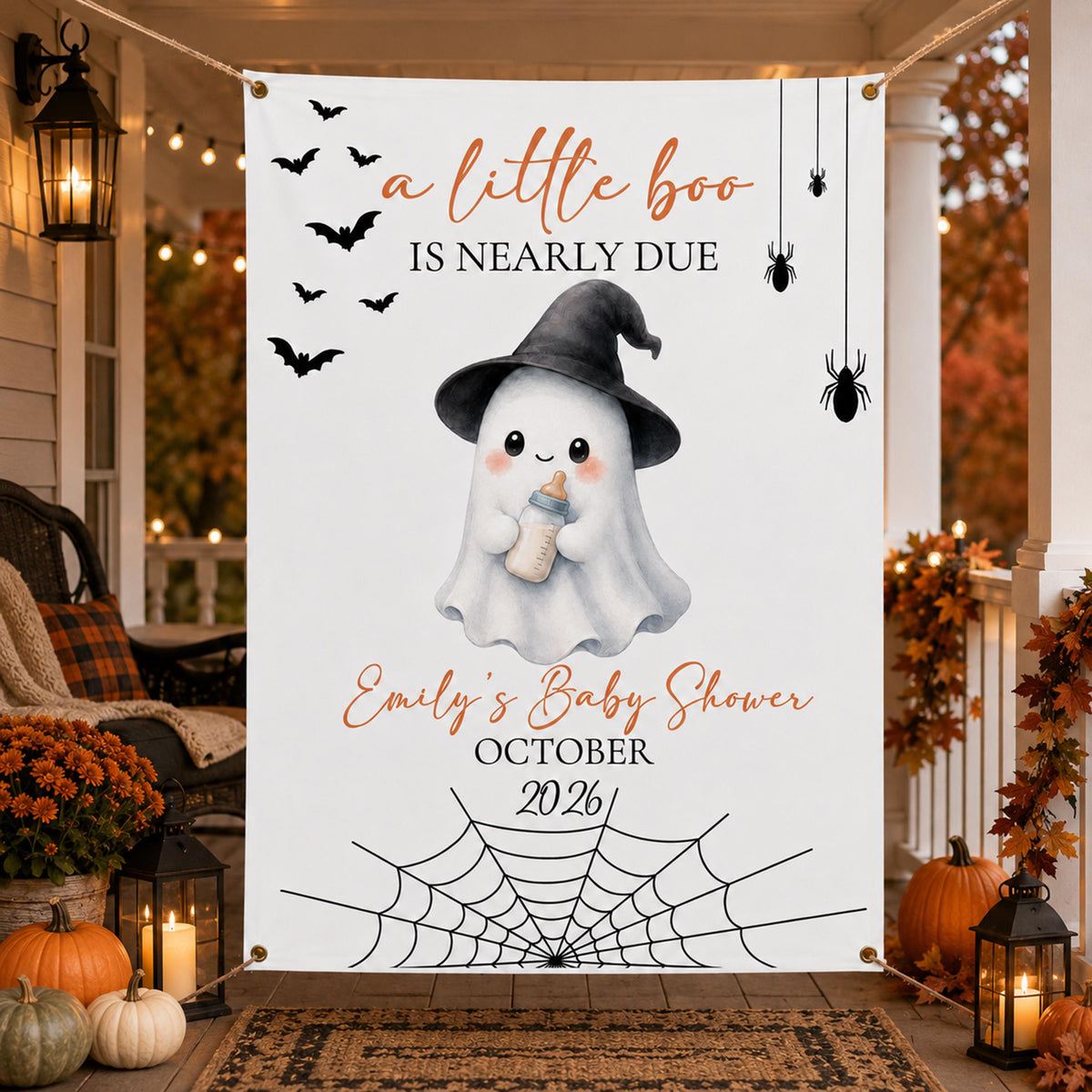 A Little Boo Is Nearly Due Halloween Baby Shower Banner, Spooky Ghost Backdrop