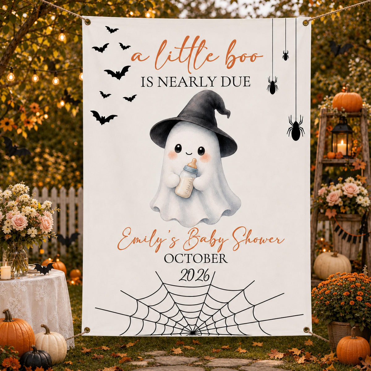 A Little Boo Is Nearly Due Halloween Baby Shower Banner, Spooky Ghost Backdrop