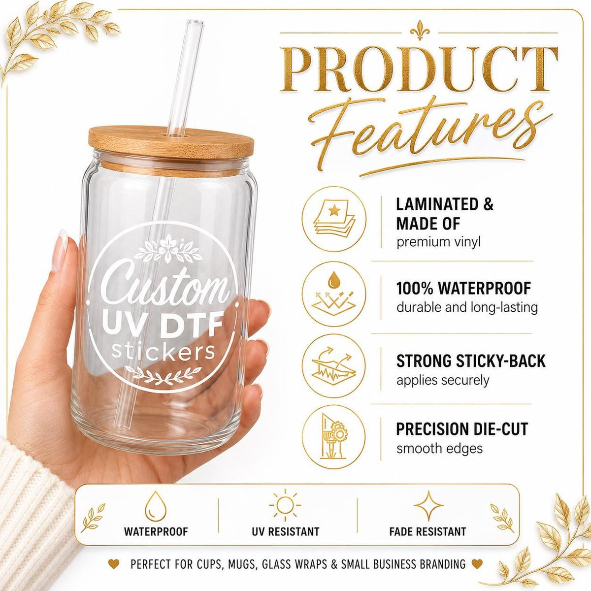 Custom UV DTF Transfers, Personalized Logo Stickers for Cups, Tumblers, Glass (Waterproof Decals)