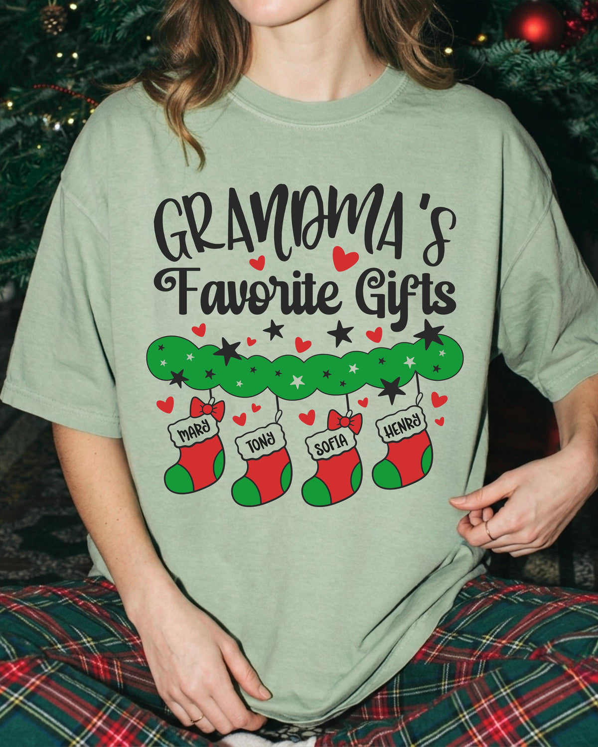 Personalized Grandma Christmas Comfort Colors® T-Shirt, Grandkids Names Xmas Tee, Holiday Grandmother Gift