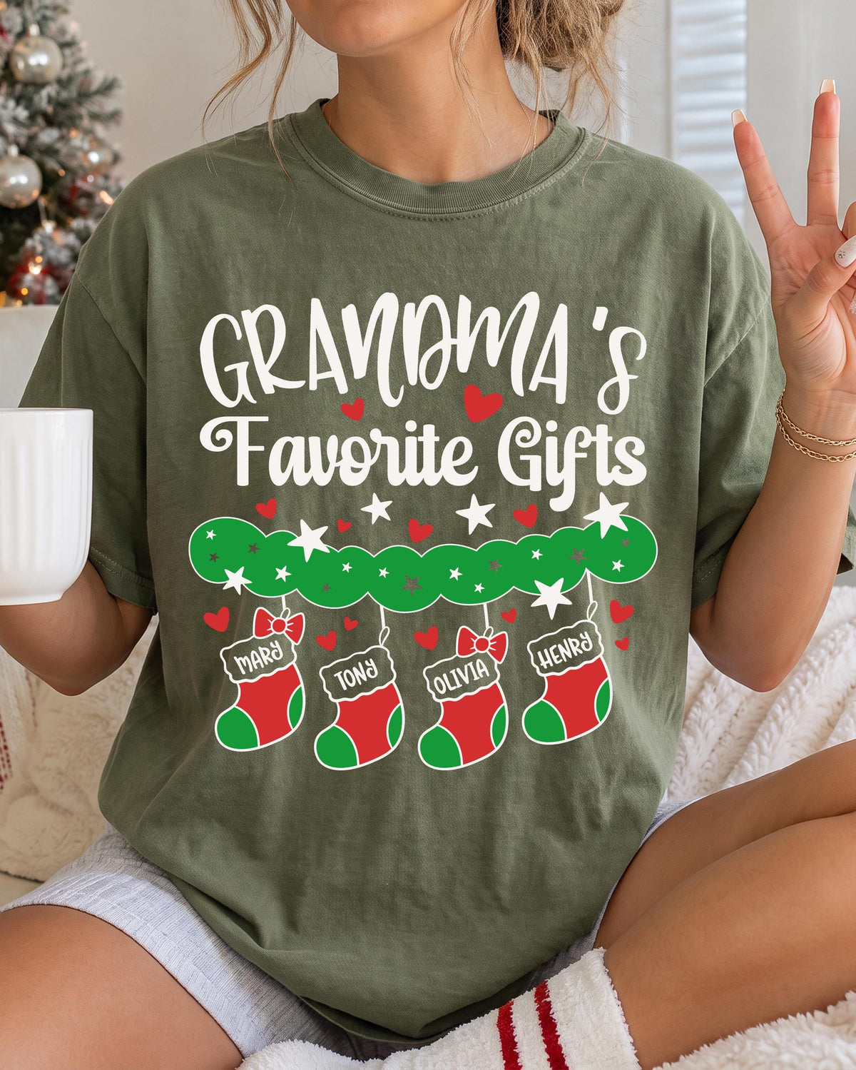 Personalized Grandma Christmas Comfort Colors® T-Shirt, Grandkids Names Xmas Tee, Holiday Grandmother Gift