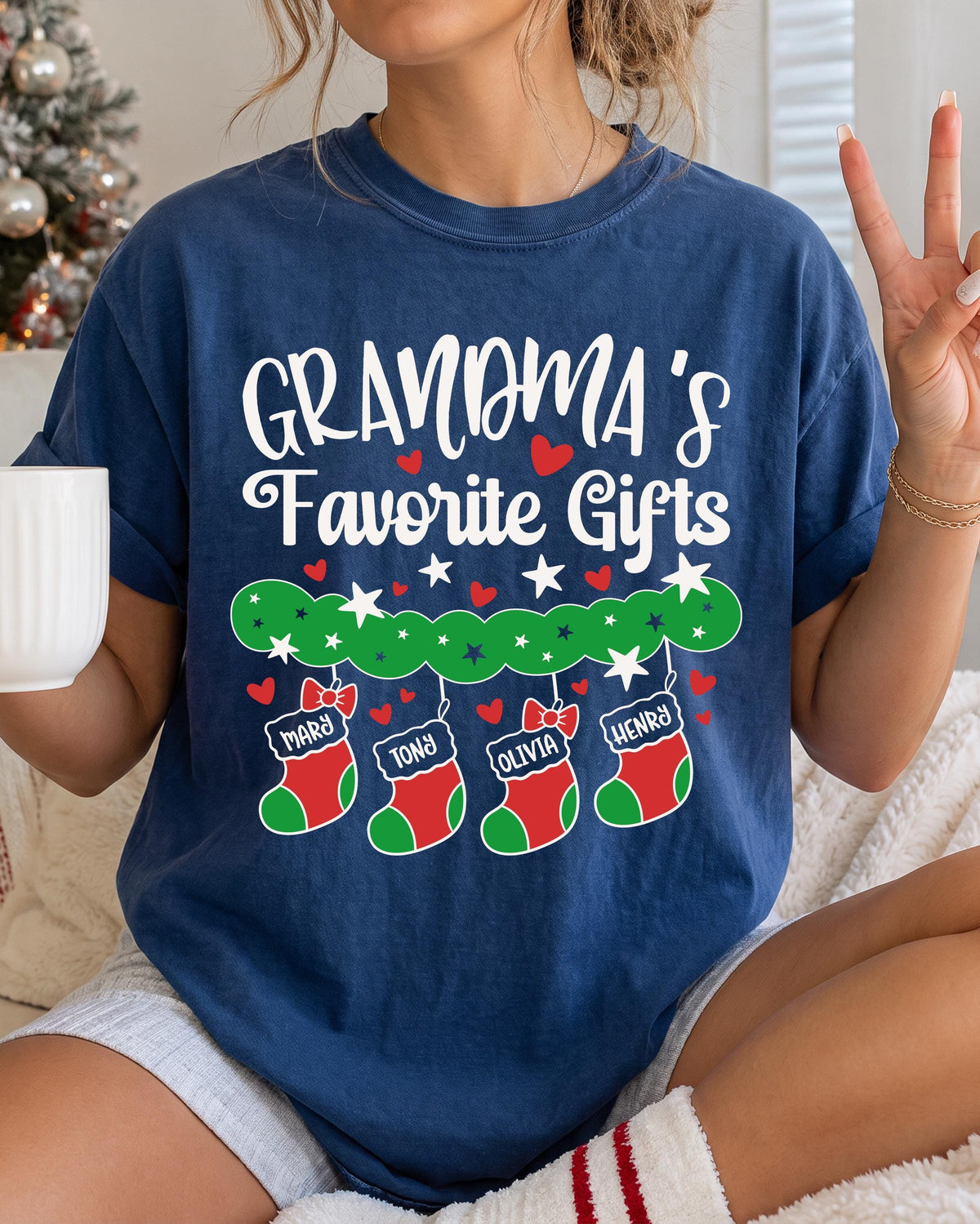 Personalized Grandma Christmas Comfort Colors® T-Shirt, Grandkids Names Xmas Tee, Holiday Grandmother Gift