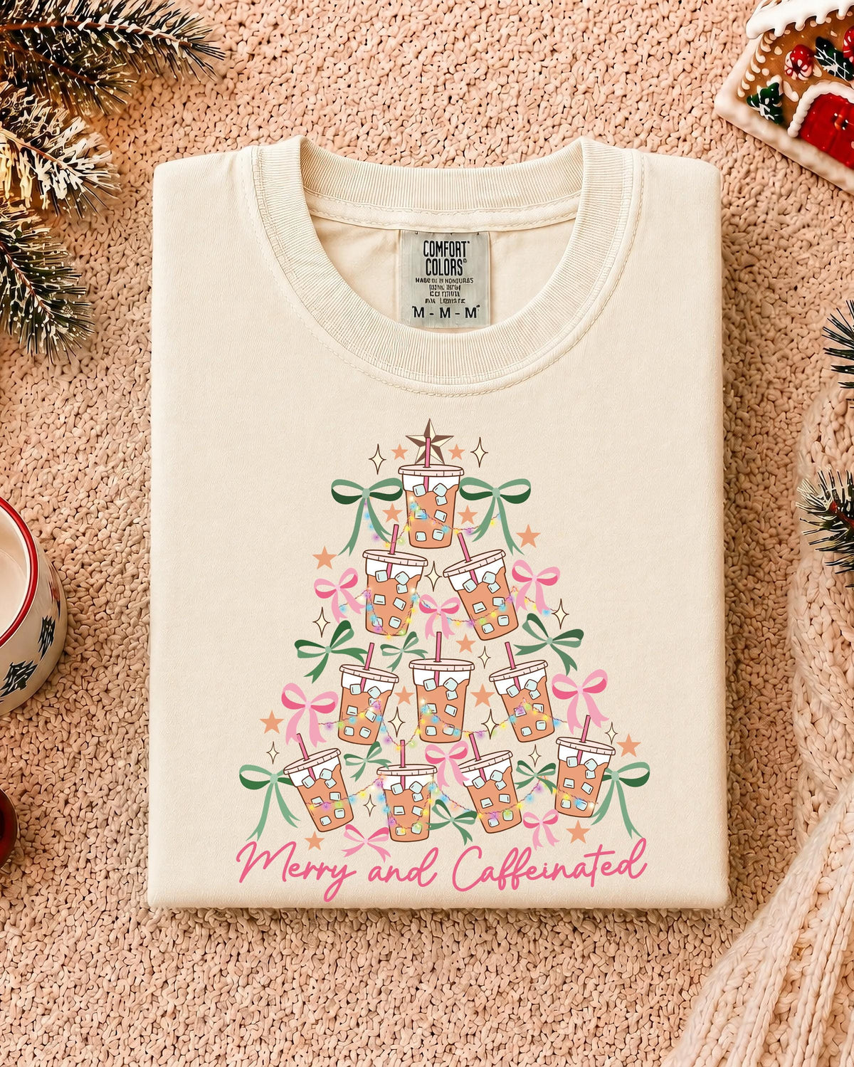 Merry Christmas Comfort Colors® Shirt, Merry and Caffeinated Tee, Coffee Lover Holiday Gift