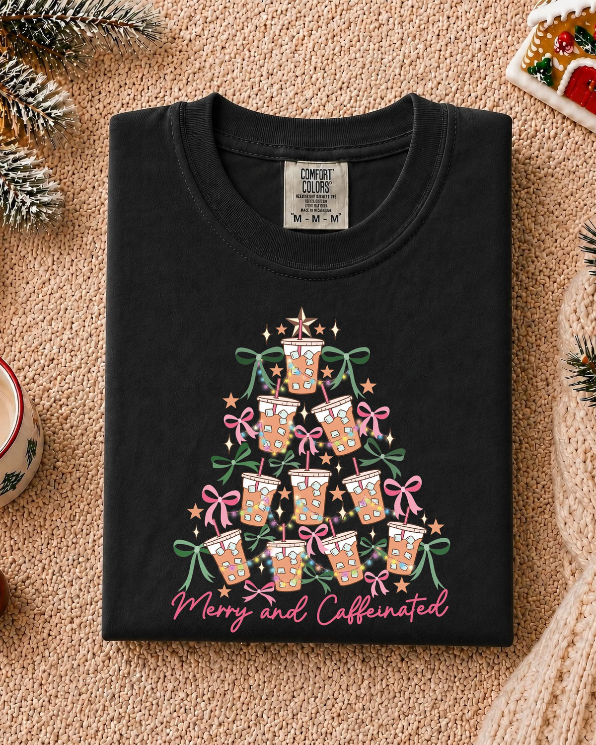 Merry Christmas Comfort Colors® Shirt, Merry and Caffeinated Tee, Coffee Lover Holiday Gift