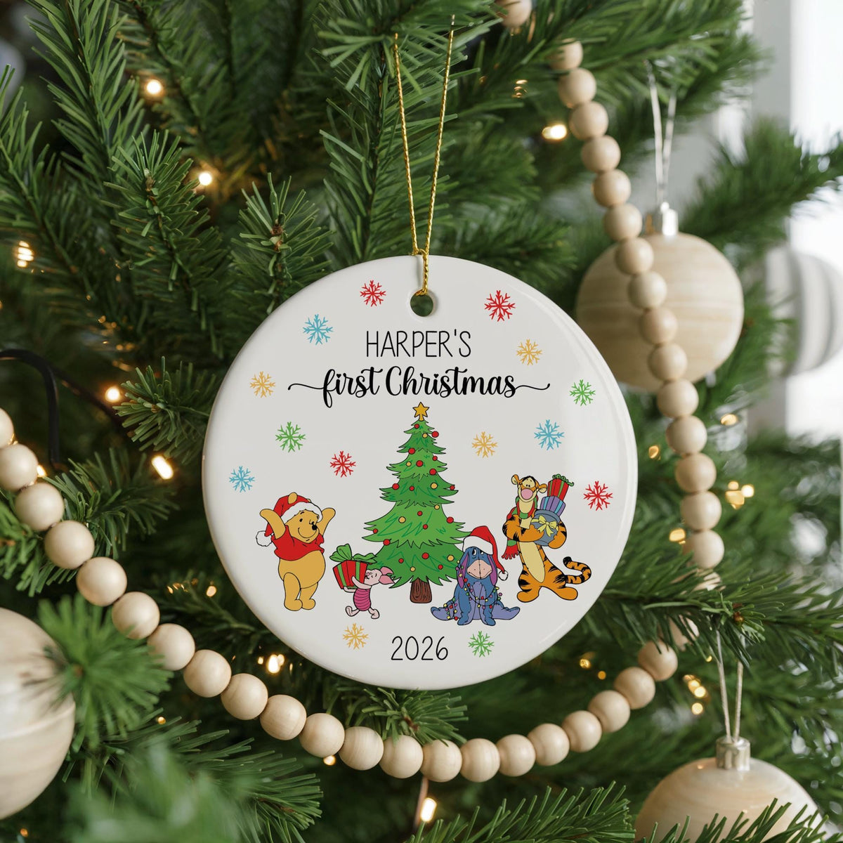Personalized Baby's First Christmas Ornament, Funny Bear & Friends Holiday Keepsake, Newborn Christmas Gift