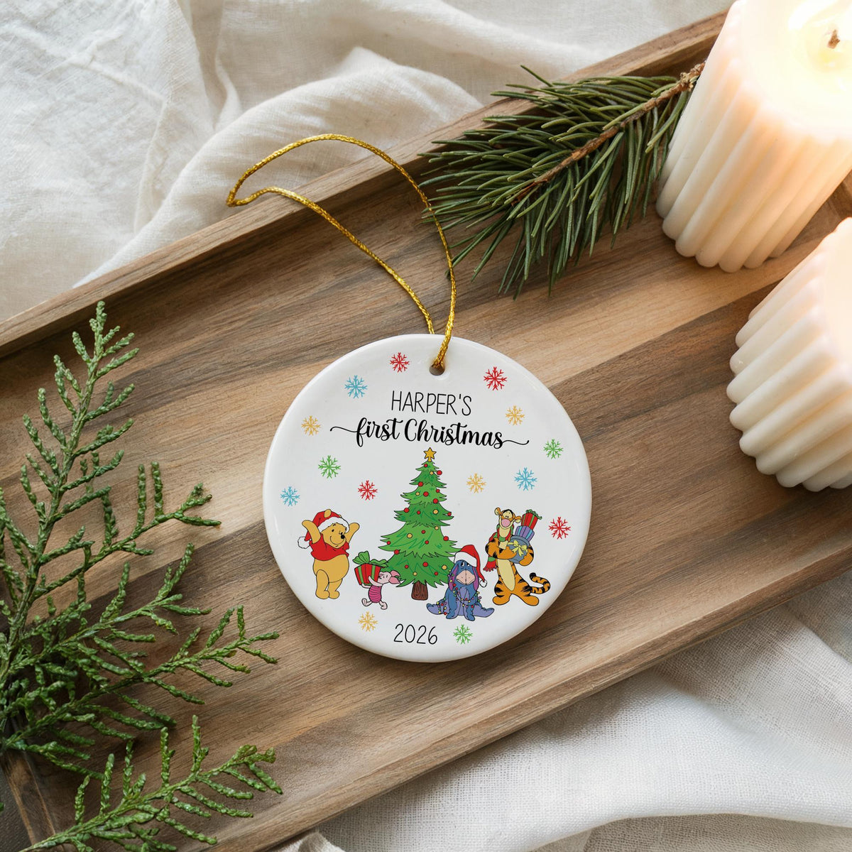 Personalized Baby's First Christmas Ornament, Funny Bear & Friends Holiday Keepsake, Newborn Christmas Gift