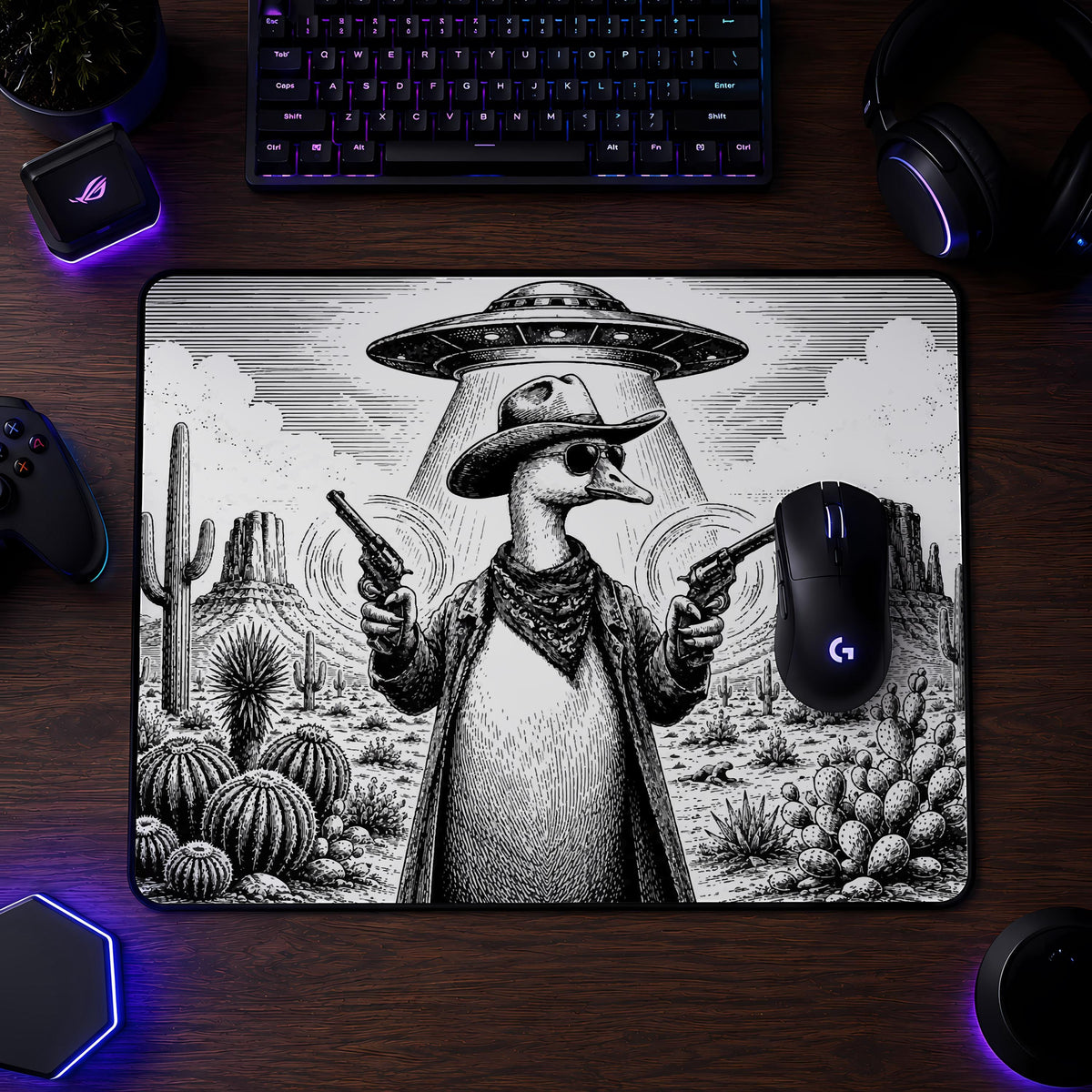 Cowboy Goose UFO Abduction Desk Mat, Western Gaming Mouse Pad Accessory