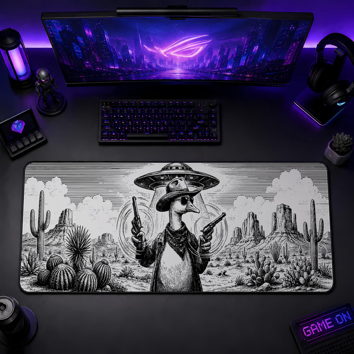 Cowboy Goose UFO Abduction Desk Mat, Western Gaming Mouse Pad Accessory
