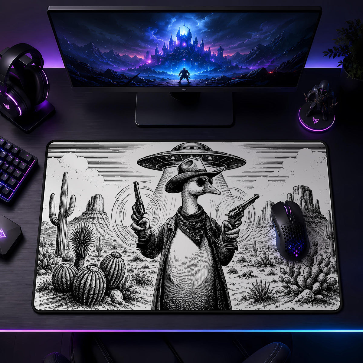 Cowboy Goose UFO Abduction Desk Mat, Western Gaming Mouse Pad Accessory