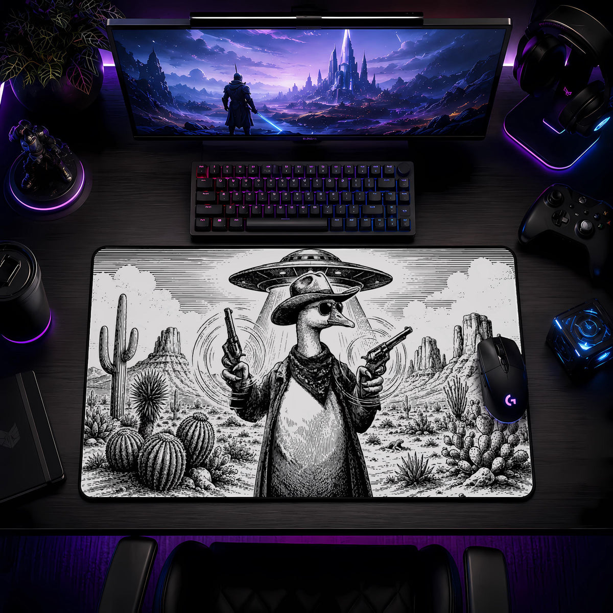 Cowboy Goose UFO Abduction Desk Mat, Western Gaming Mouse Pad Accessory