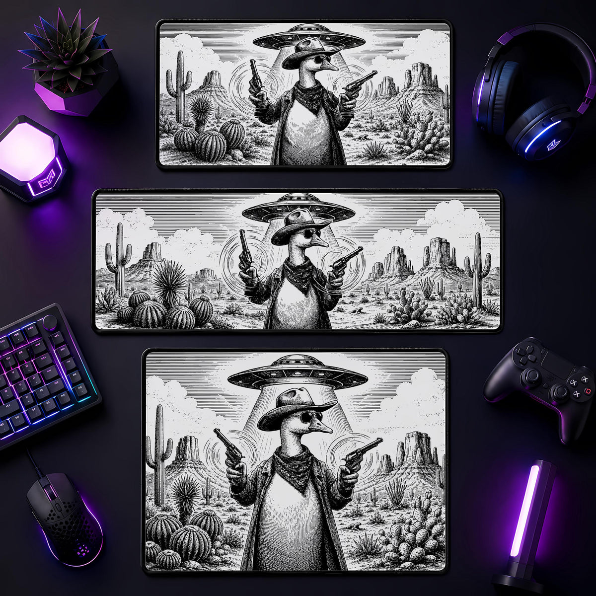 Cowboy Goose UFO Abduction Desk Mat, Western Gaming Mouse Pad Accessory