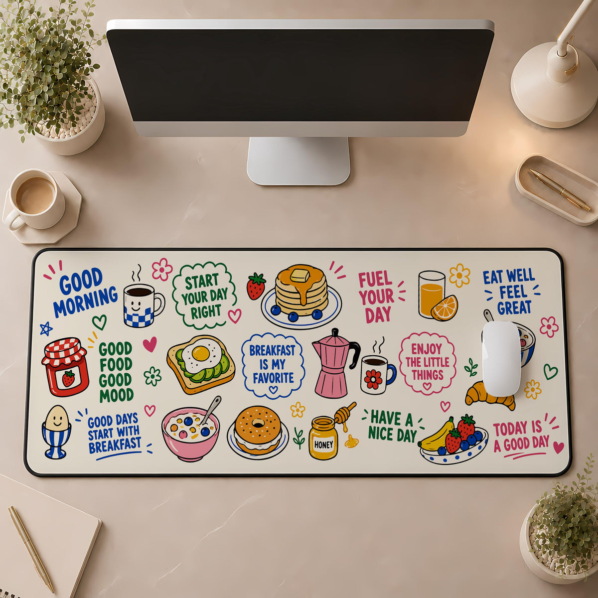 Cute Food Doodles Desk Mat, Aesthetic Breakfast Mouse Pad, Good Morning Gaming Setup Accessory