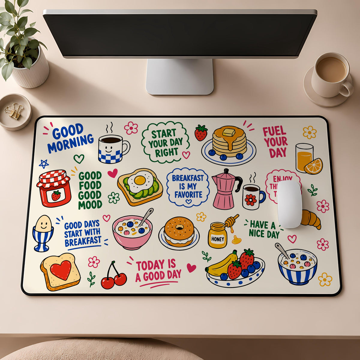 Cute Food Doodles Desk Mat, Aesthetic Breakfast Mouse Pad, Good Morning Gaming Setup Accessory