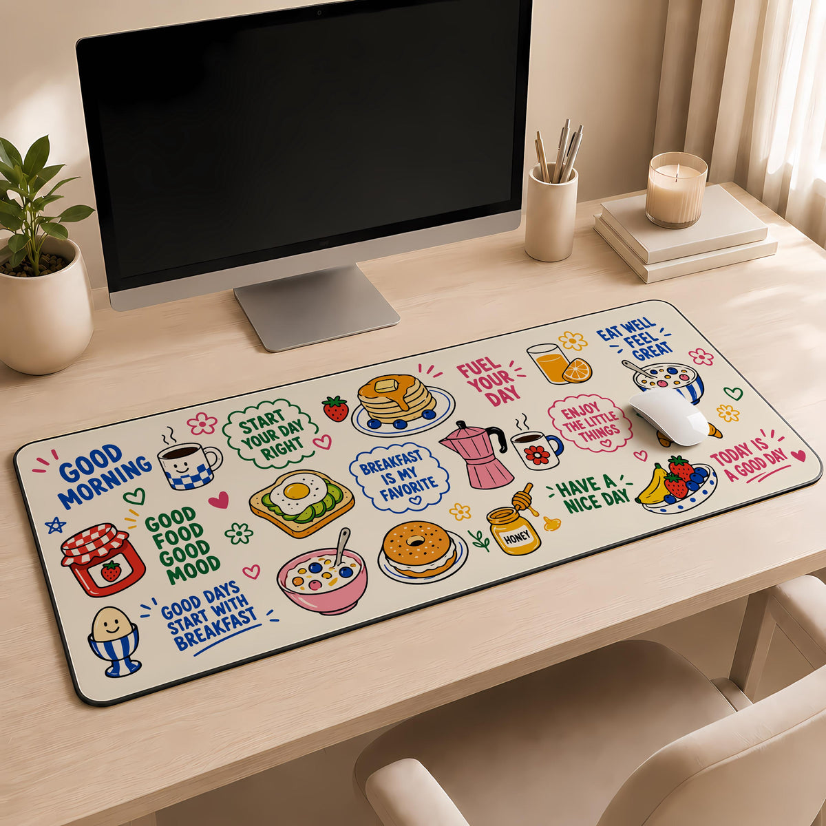 Cute Food Doodles Desk Mat, Aesthetic Breakfast Mouse Pad, Good Morning Gaming Setup Accessory