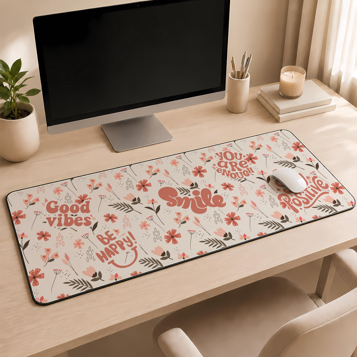 Positive Affirmation Floral Desk Mat, Be Happy Smile Office Decor