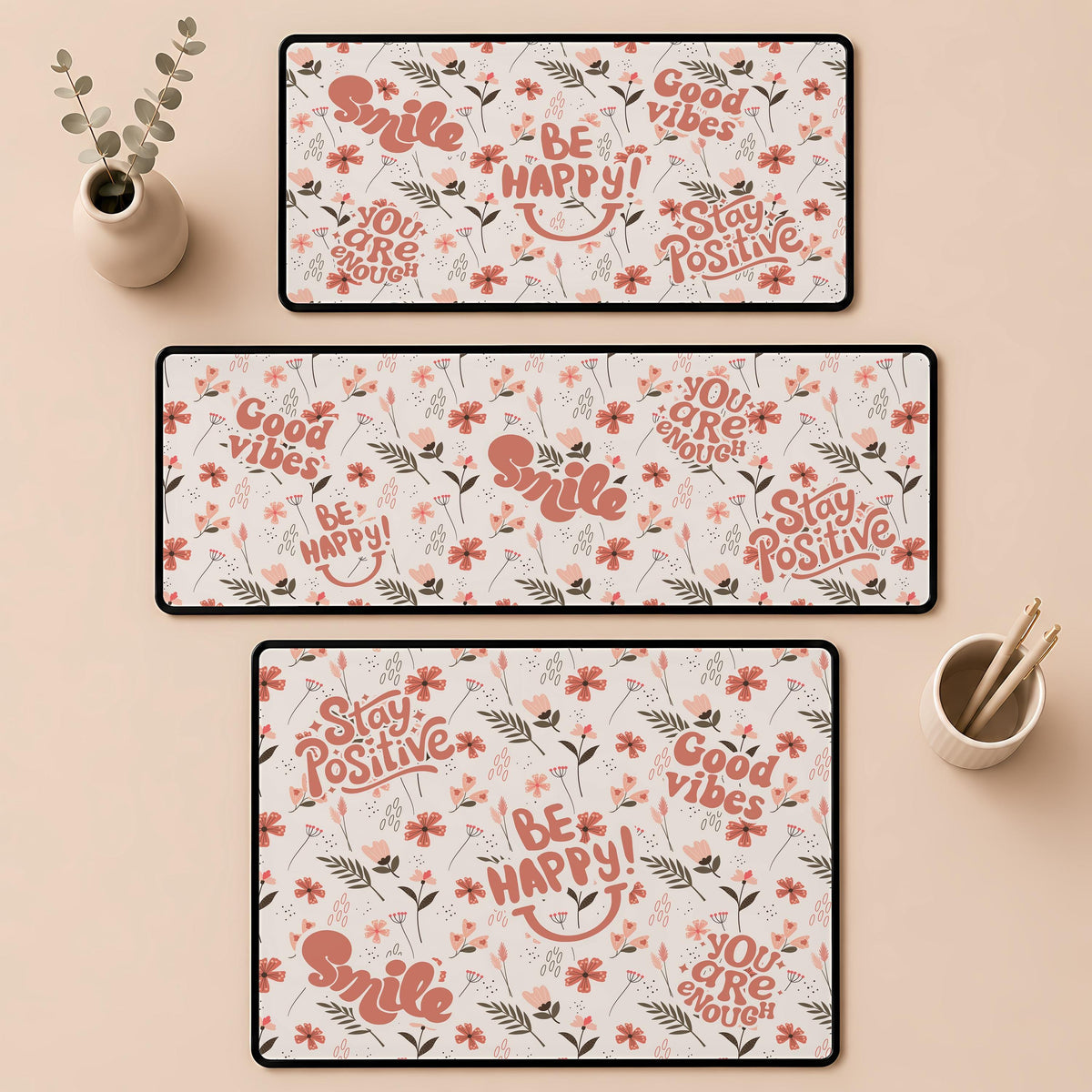 Positive Affirmation Floral Desk Mat, Be Happy Smile Office Decor