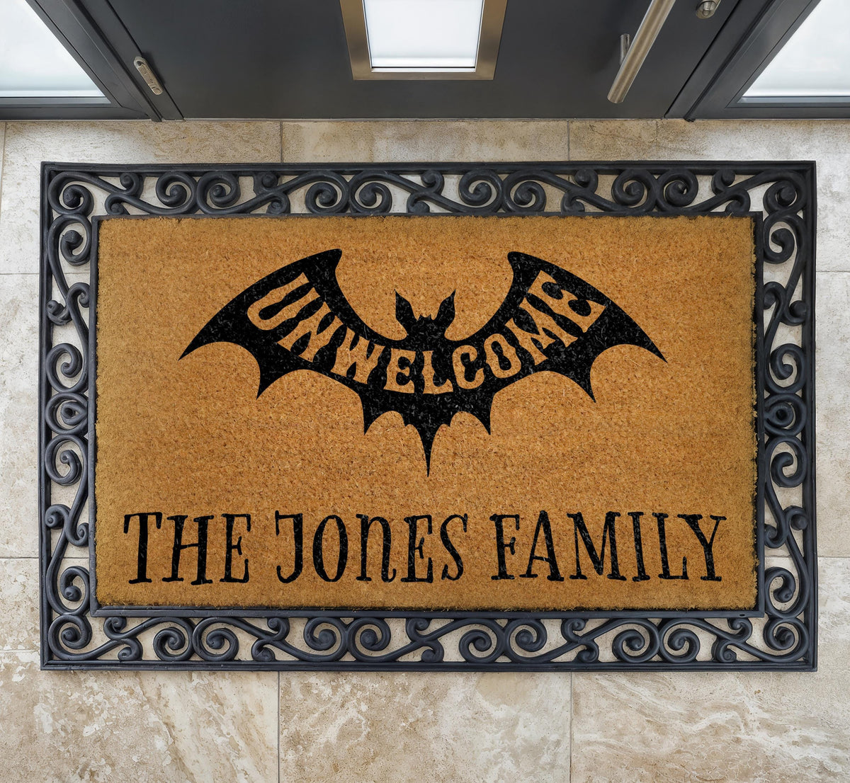 Personalized Unwelcome Bat Doormat, Custom Family Name Halloween Welcome Mat