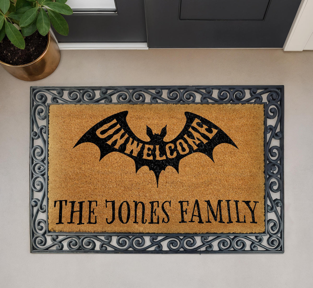 Personalized Unwelcome Bat Doormat, Custom Family Name Halloween Welcome Mat