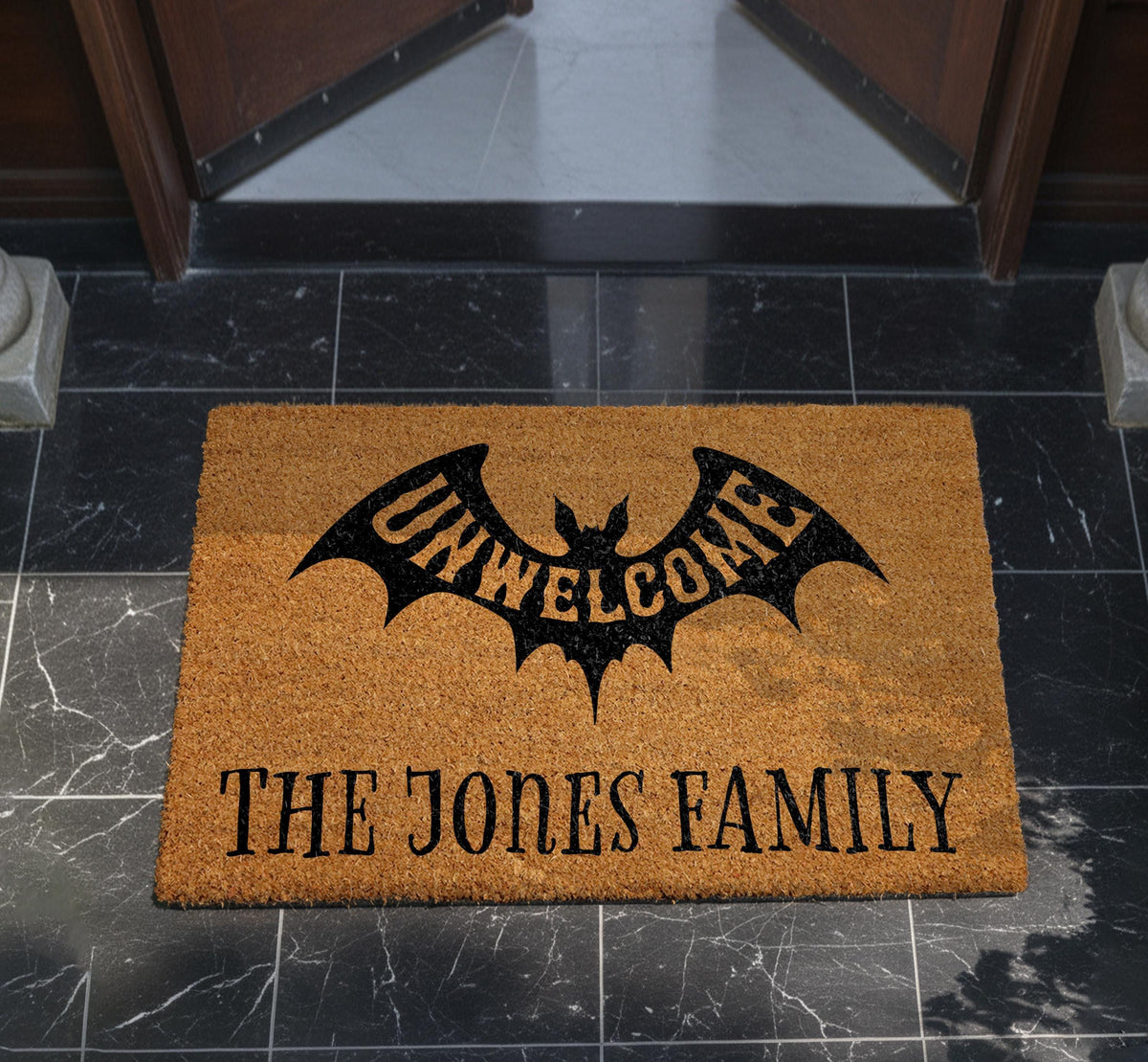 Personalized Unwelcome Bat Doormat, Custom Family Name Halloween Welcome Mat