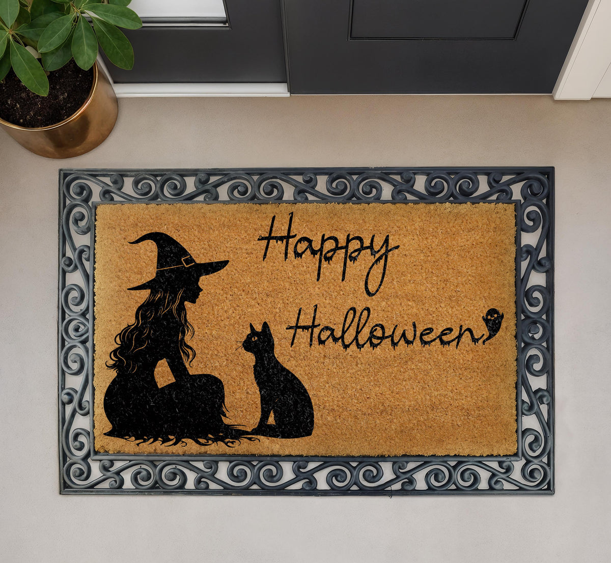 Happy Halloween Witch and Black Cat Doormat, Witchy Welcome Mat, Cat Lover Spooky Season Gift