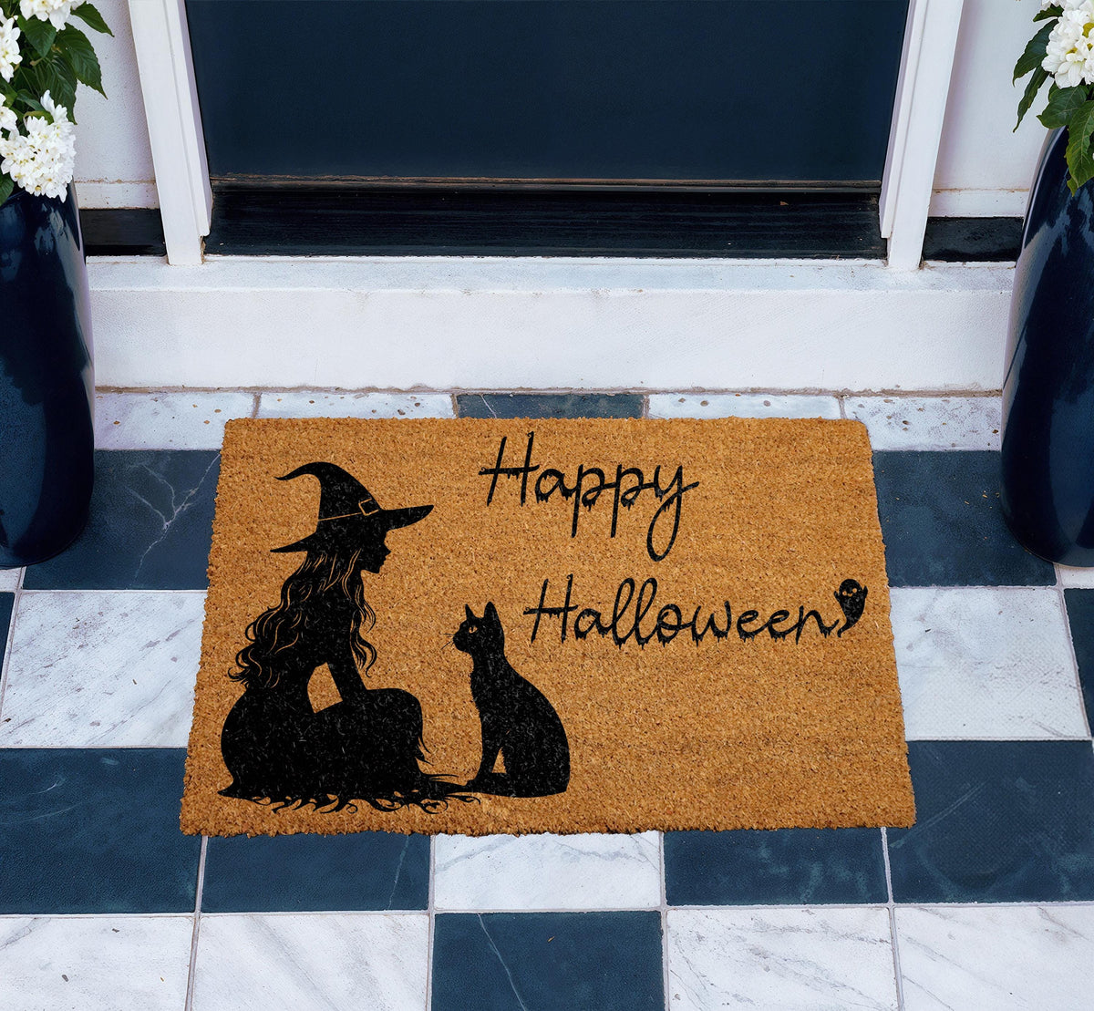 Happy Halloween Witch and Black Cat Doormat, Witchy Welcome Mat, Cat Lover Spooky Season Gift