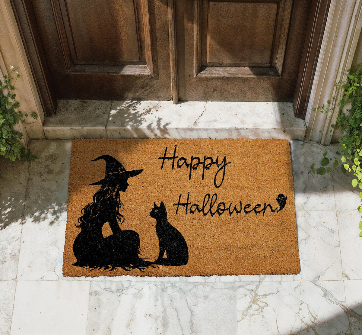 Happy Halloween Witch and Black Cat Doormat, Witchy Welcome Mat, Cat Lover Spooky Season Gift
