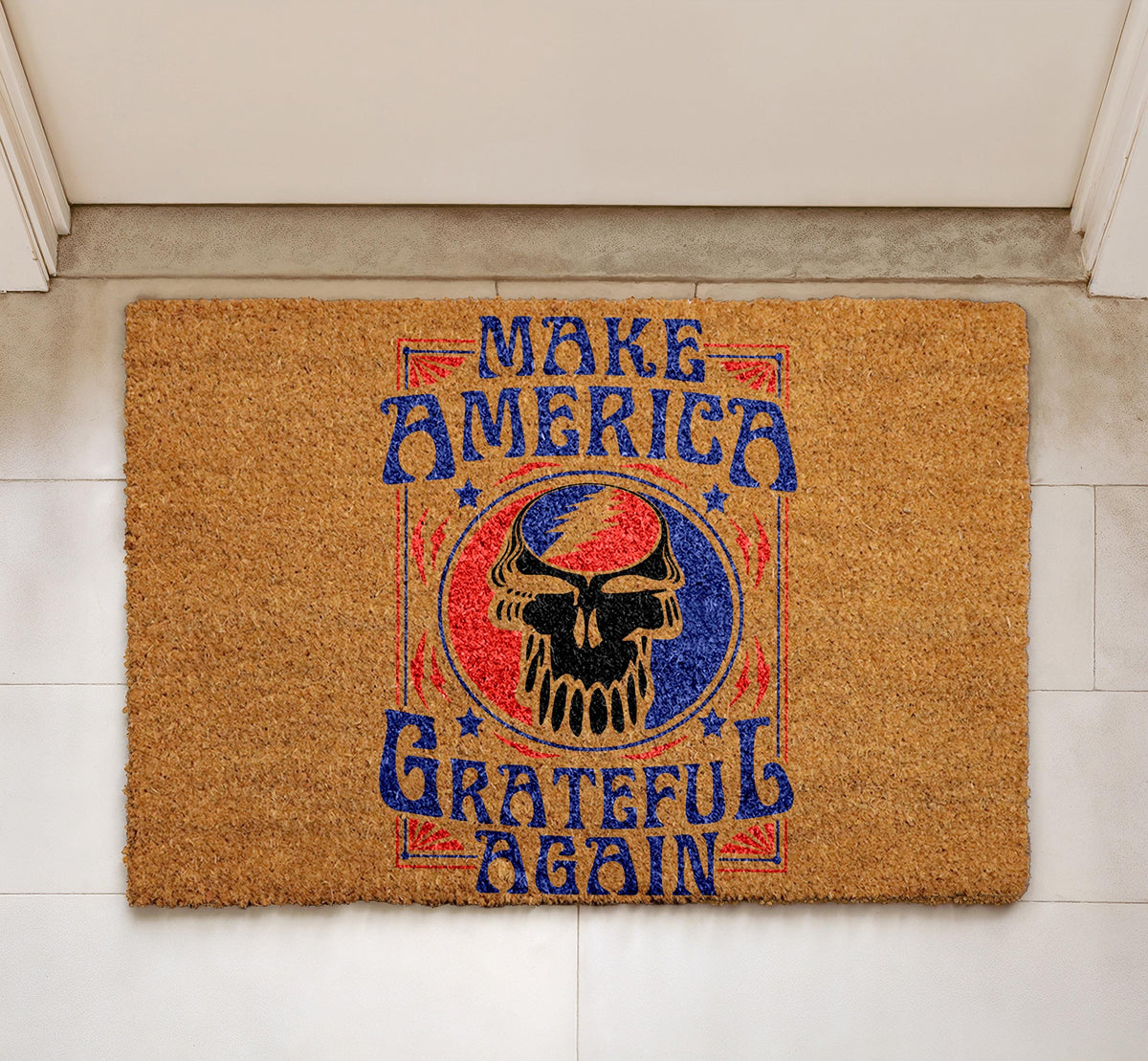 Make America Grateful Again Coco Doormat, Stealie Skull Coir Door Mat, Music Lover Welcome Mat