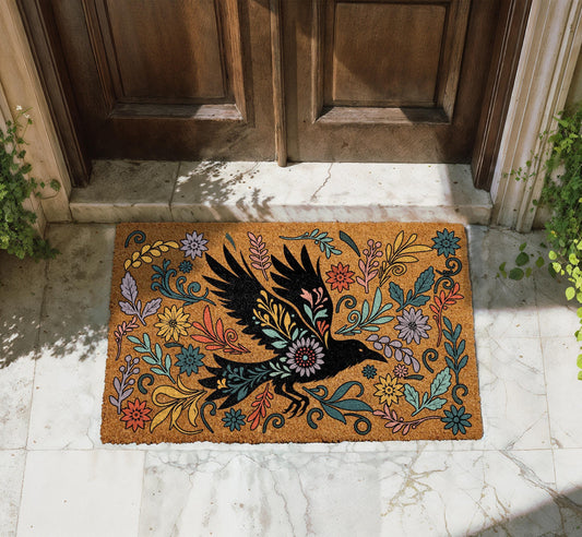 Raven Doormat, Floral Crow Welcome Mat, Boho Chic Colorful Folk Art Porch Decor