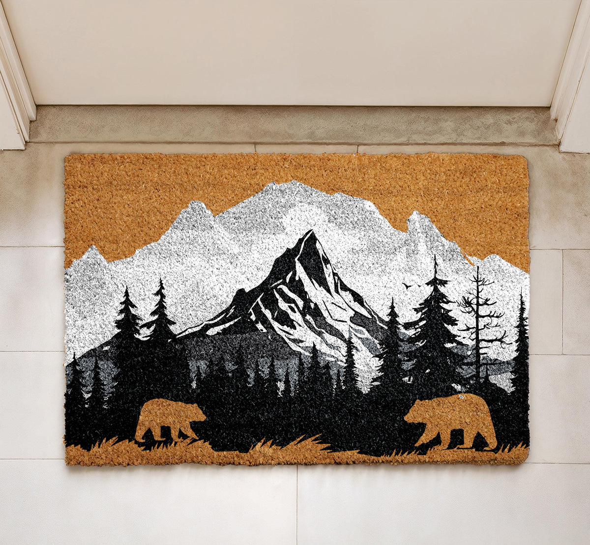 Mountain & Bear Doormat, Wilderness Home Decor, Woodland Welcome Mat, Nature Lover Gift