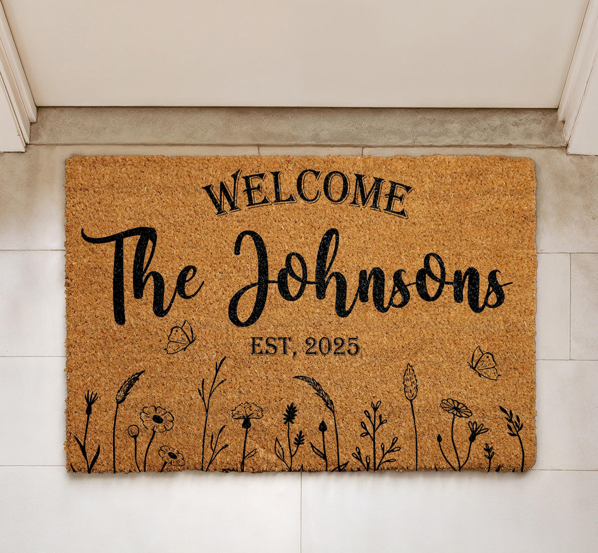Custom Floral Last Name Doormat, Family Name Welcome Mat