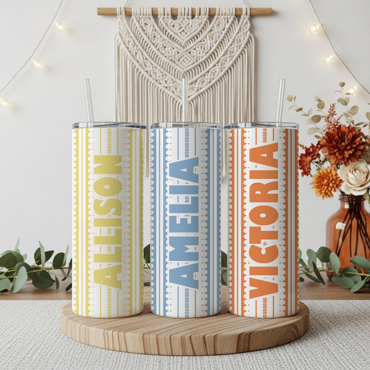 Personalized Eyelet Lace Pattern Coffee Tumbler, Custom Name Colorful Insulated Cup