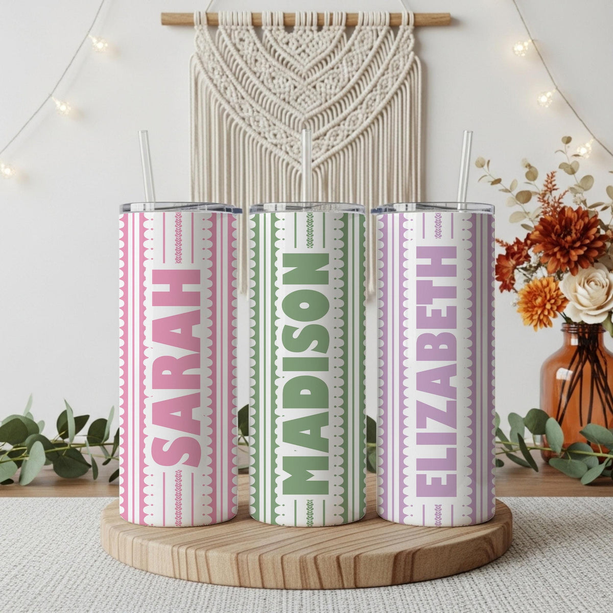 Personalized Eyelet Lace Pattern Coffee Tumbler, Custom Name Colorful Insulated Cup