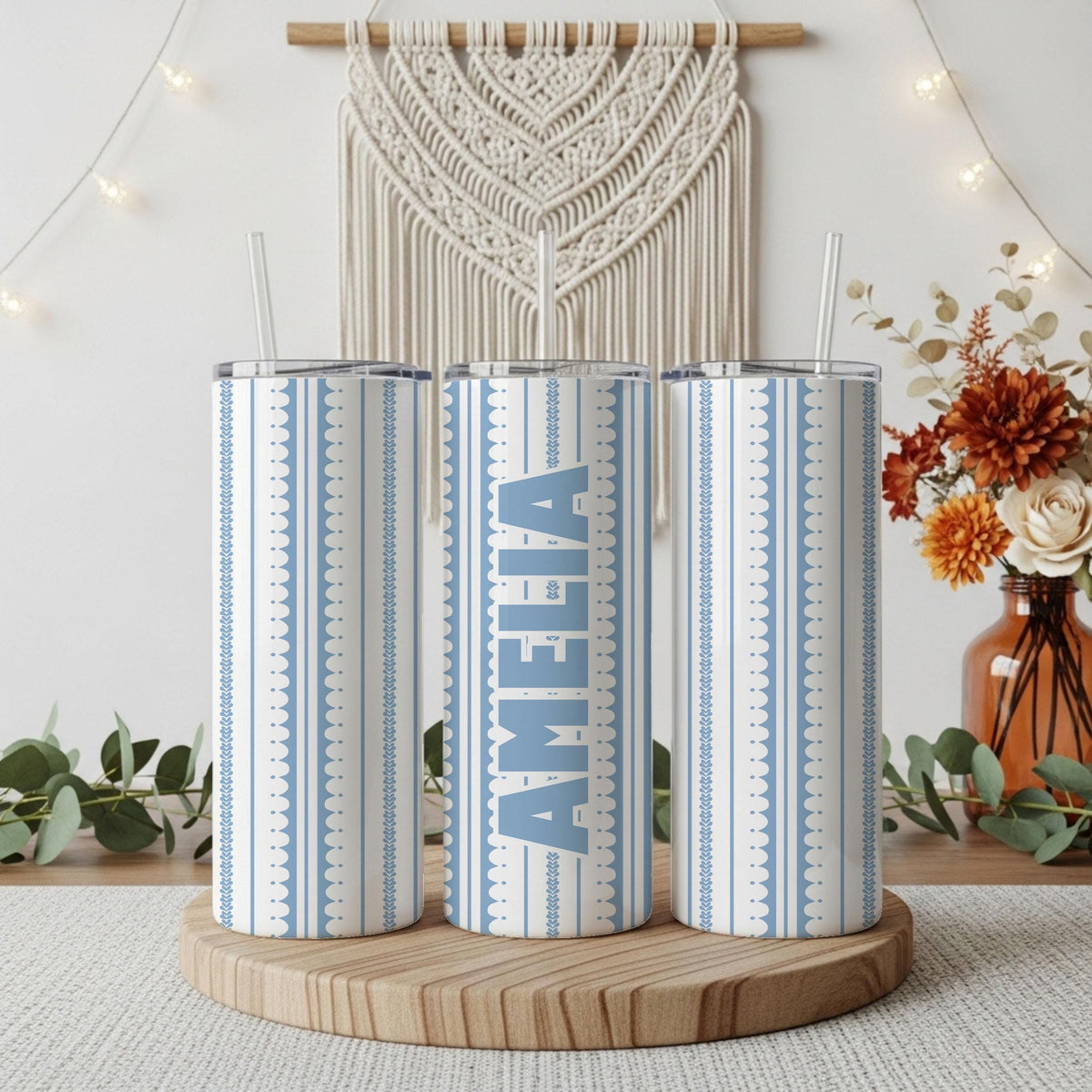 Personalized Eyelet Lace Pattern Coffee Tumbler, Custom Name Colorful Insulated Cup
