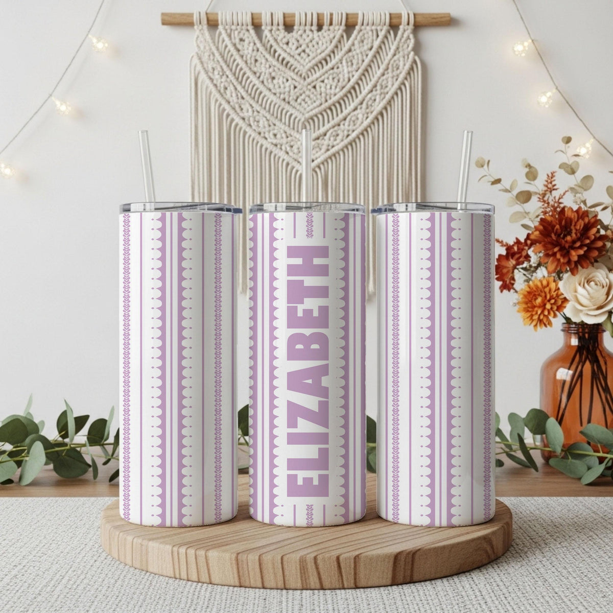 Personalized Eyelet Lace Pattern Coffee Tumbler, Custom Name Colorful Insulated Cup