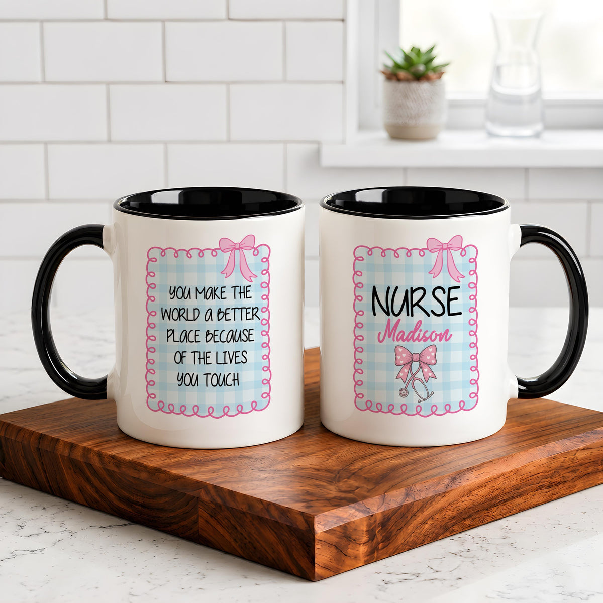 Custom Nurse Name Coffee Mug, Personalized Coquette Bow Stethoscope Ceramic Cup