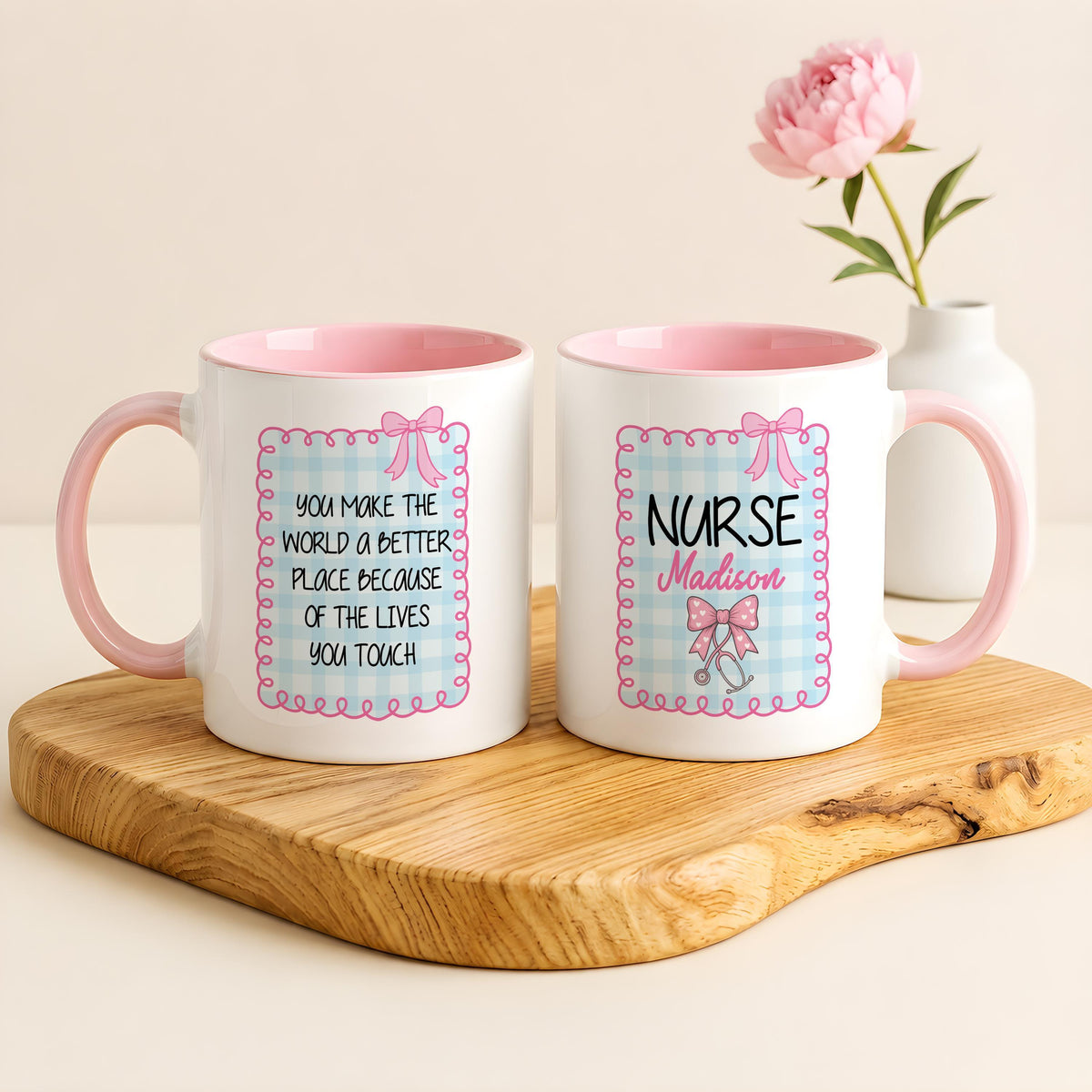 Custom Nurse Name Coffee Mug, Personalized Coquette Bow Stethoscope Ceramic Cup
