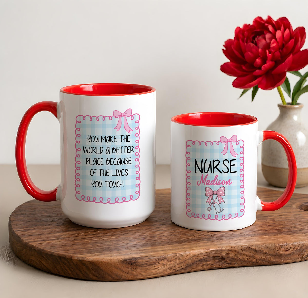 Custom Nurse Name Coffee Mug, Personalized Coquette Bow Stethoscope Ceramic Cup