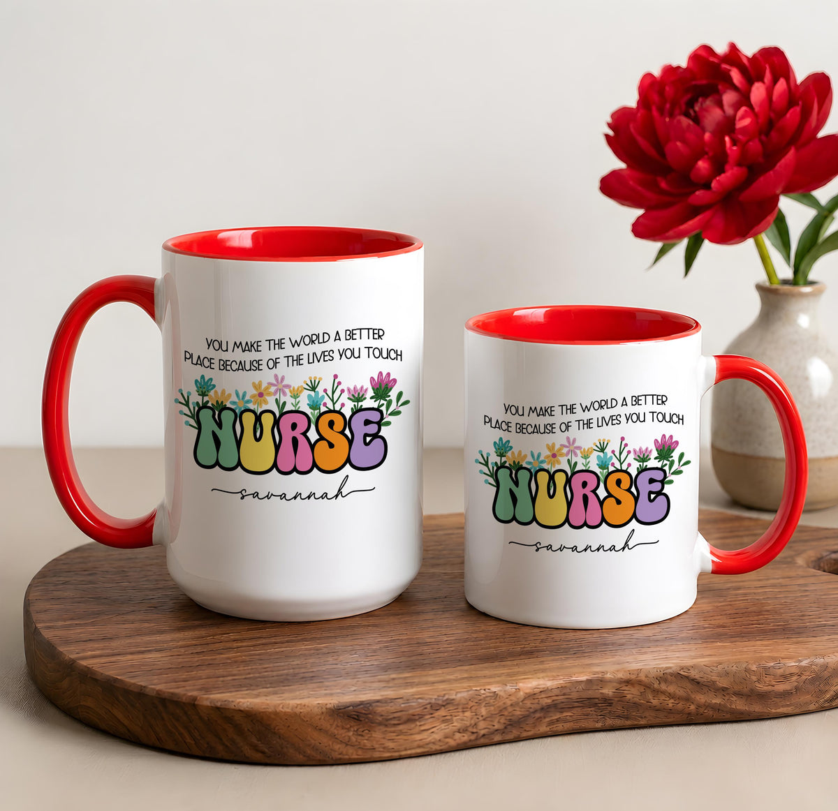 Custom Name Floral Groovy Nurse Ceramic Cup, You Make The World A Better Place Coffee Mug