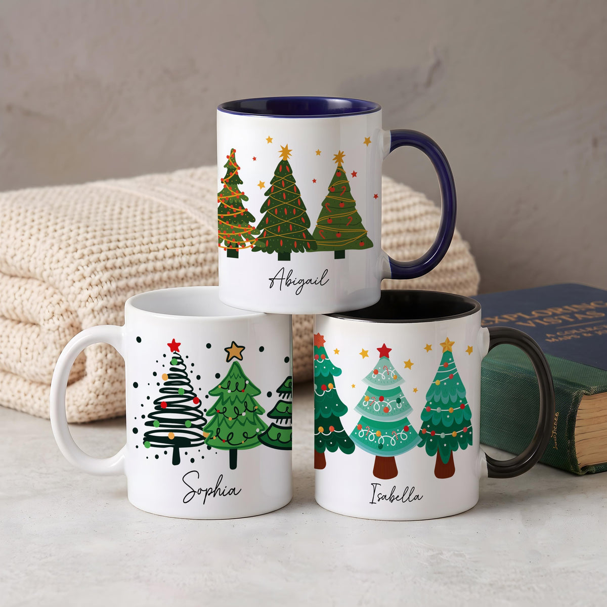 Personalized Christmas Tree Design Coffee Mug, Custom Name Festive Holiday Ceramic Cup