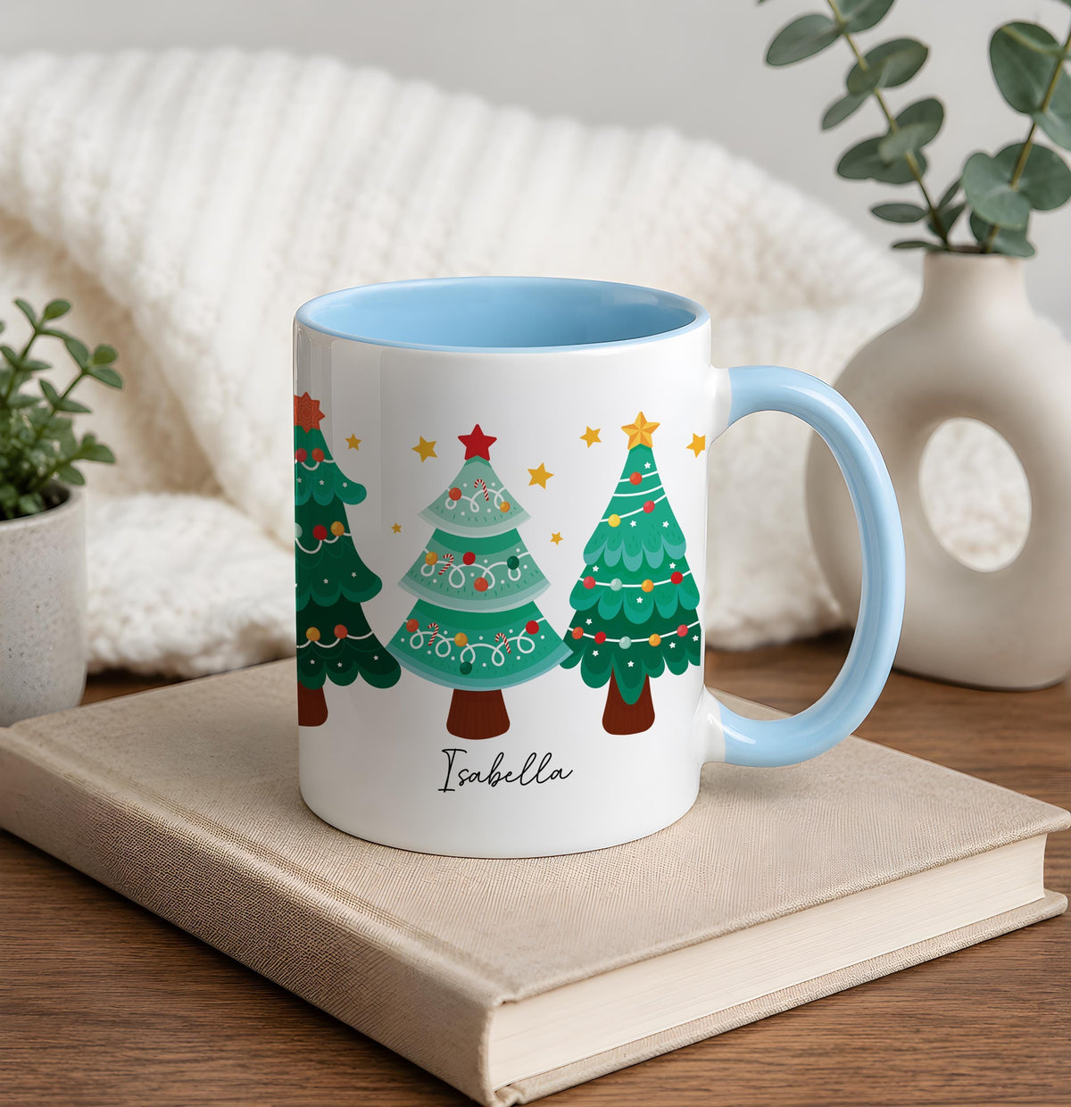 Personalized Christmas Tree Design Coffee Mug, Custom Name Festive Holiday Ceramic Cup
