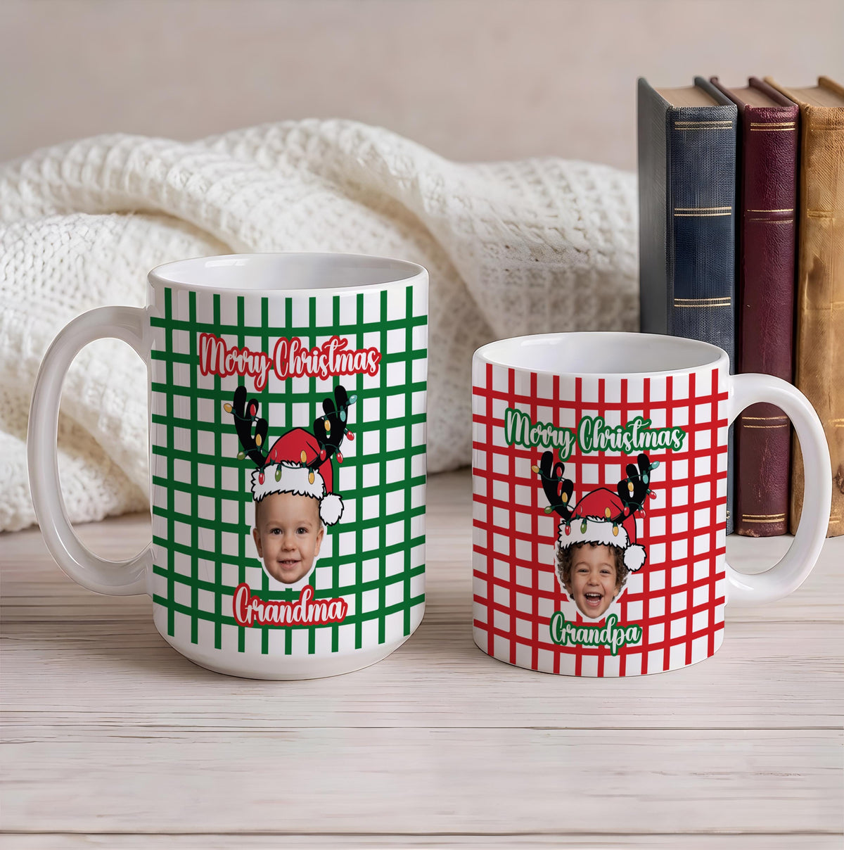 Personalized Photo Plaid Merry Christmas Coffee Mug, Custom Kids Picture Xmas Hot Cocoa Cup