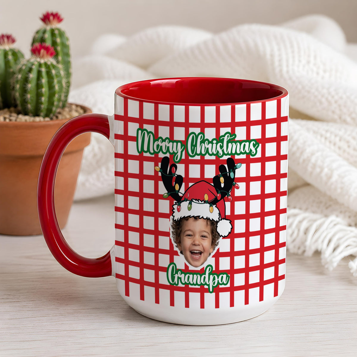 Personalized Photo Plaid Merry Christmas Coffee Mug, Custom Kids Picture Xmas Hot Cocoa Cup