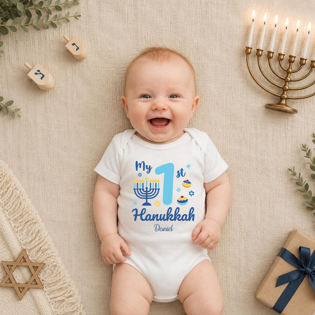 Custom My First Hanukkah T-shirt, Hanukkah Baby Bodysuit, Chanukah Gift Tee