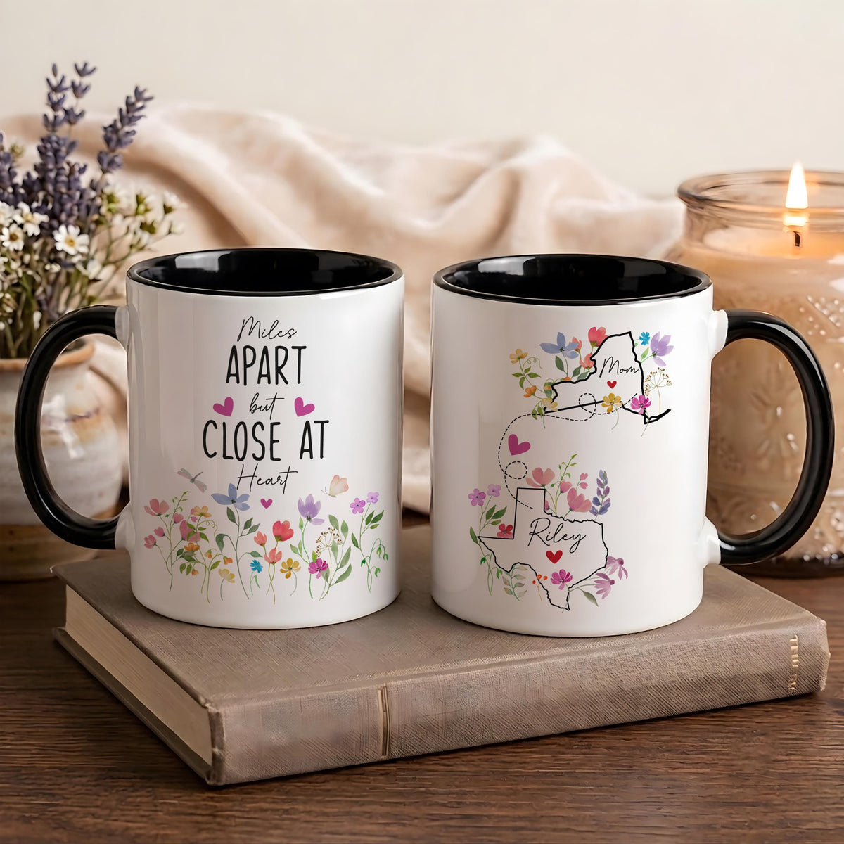 Personalized Floral State Mug, Miles Apart But Close At Heart Cup, Long Distance Gift