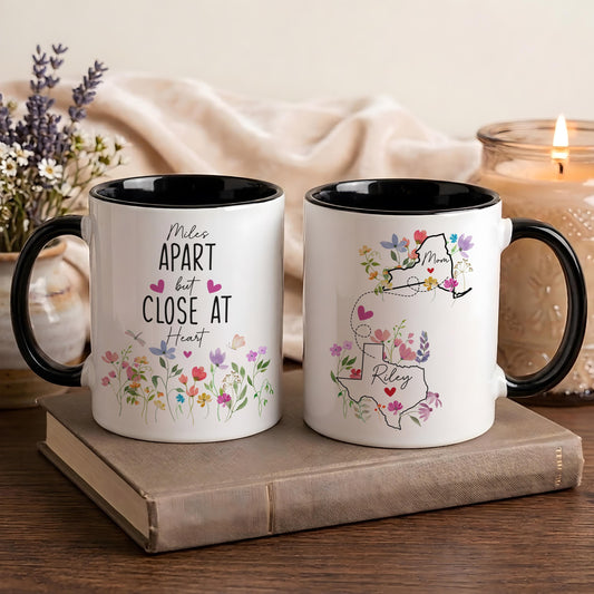 Personalized Floral State Mug, Miles Apart But Close At Heart Cup, Long Distance Gift
