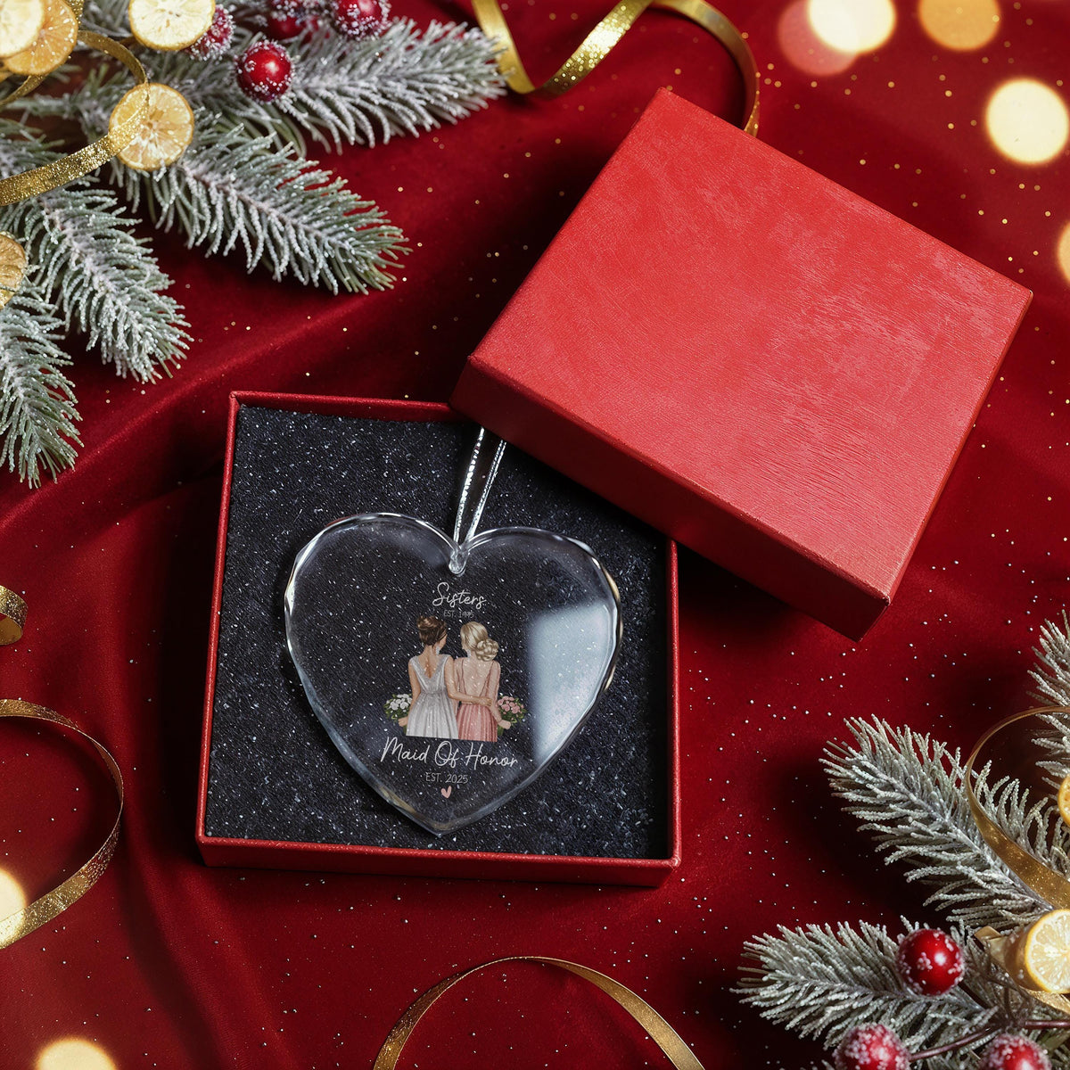 Personalized Maid of Honor Heart Ornament, Sister Wedding Glass Keepsake