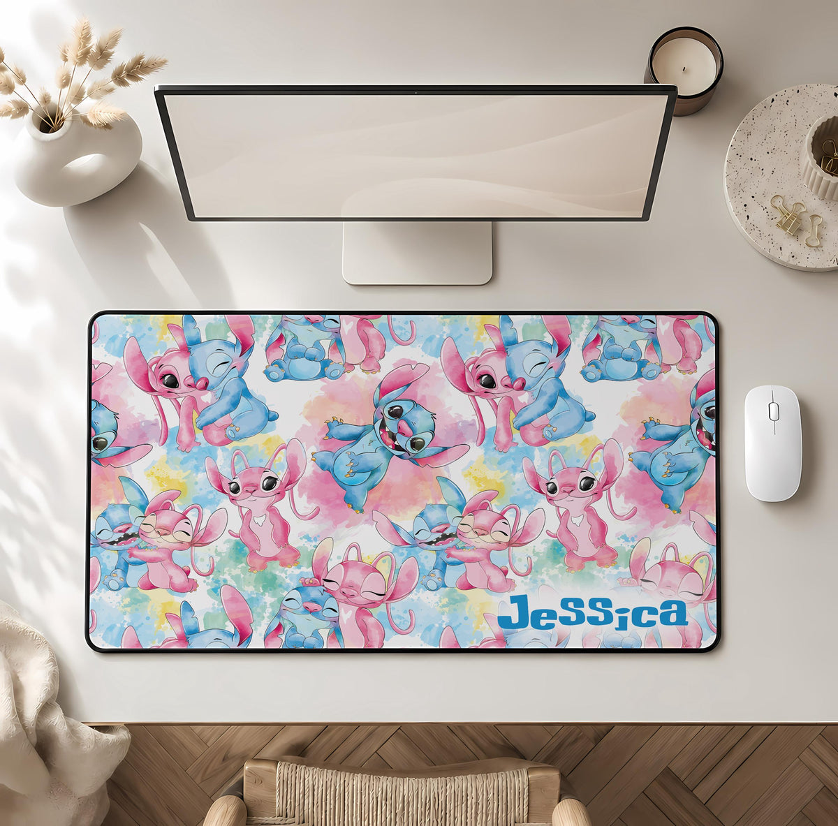 Personalized Name Cute Pink and Blue Monster Desk Mat, Kids Room Mouse Pad